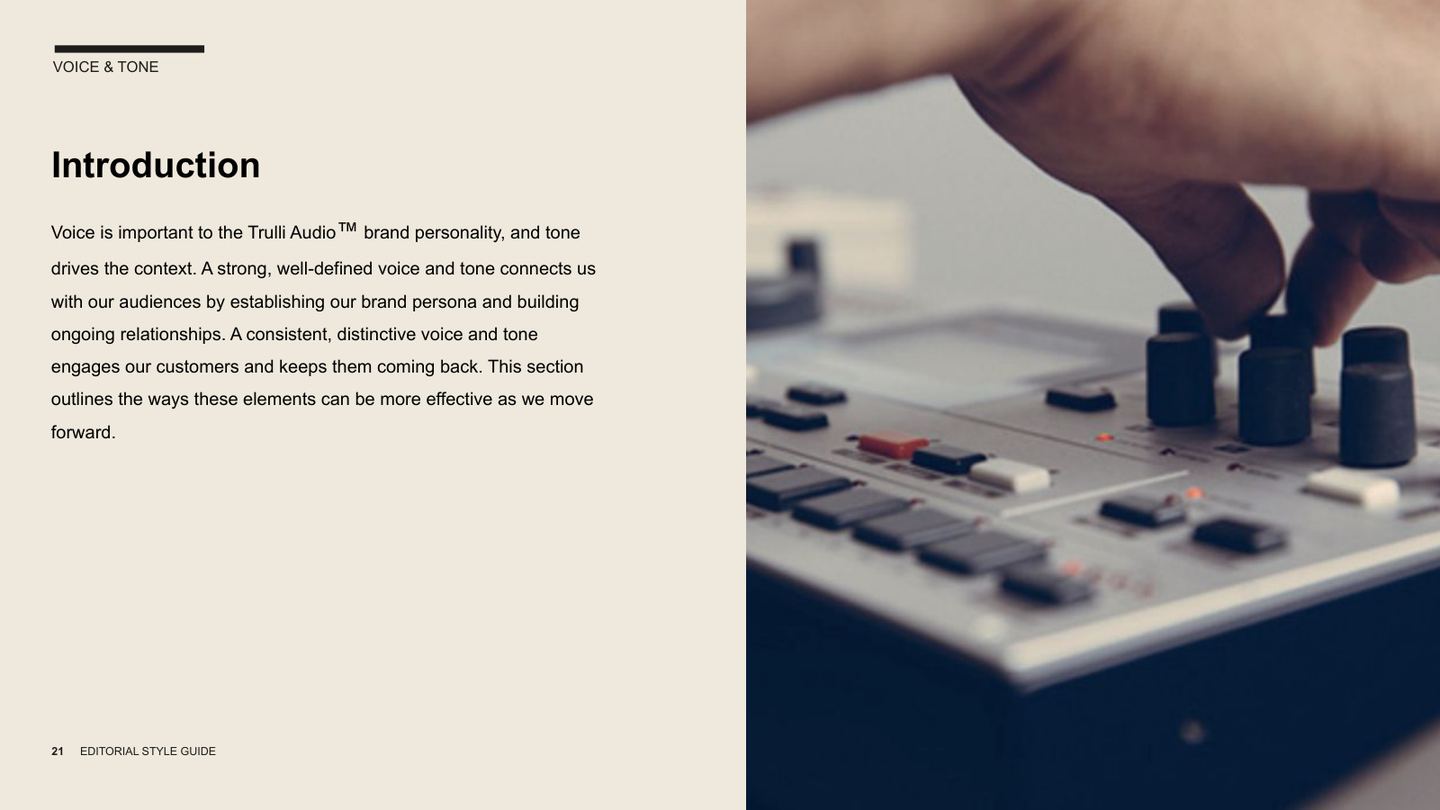 Voice and tone introduction — smart, honest, passionate, with a woman holding the speaker.