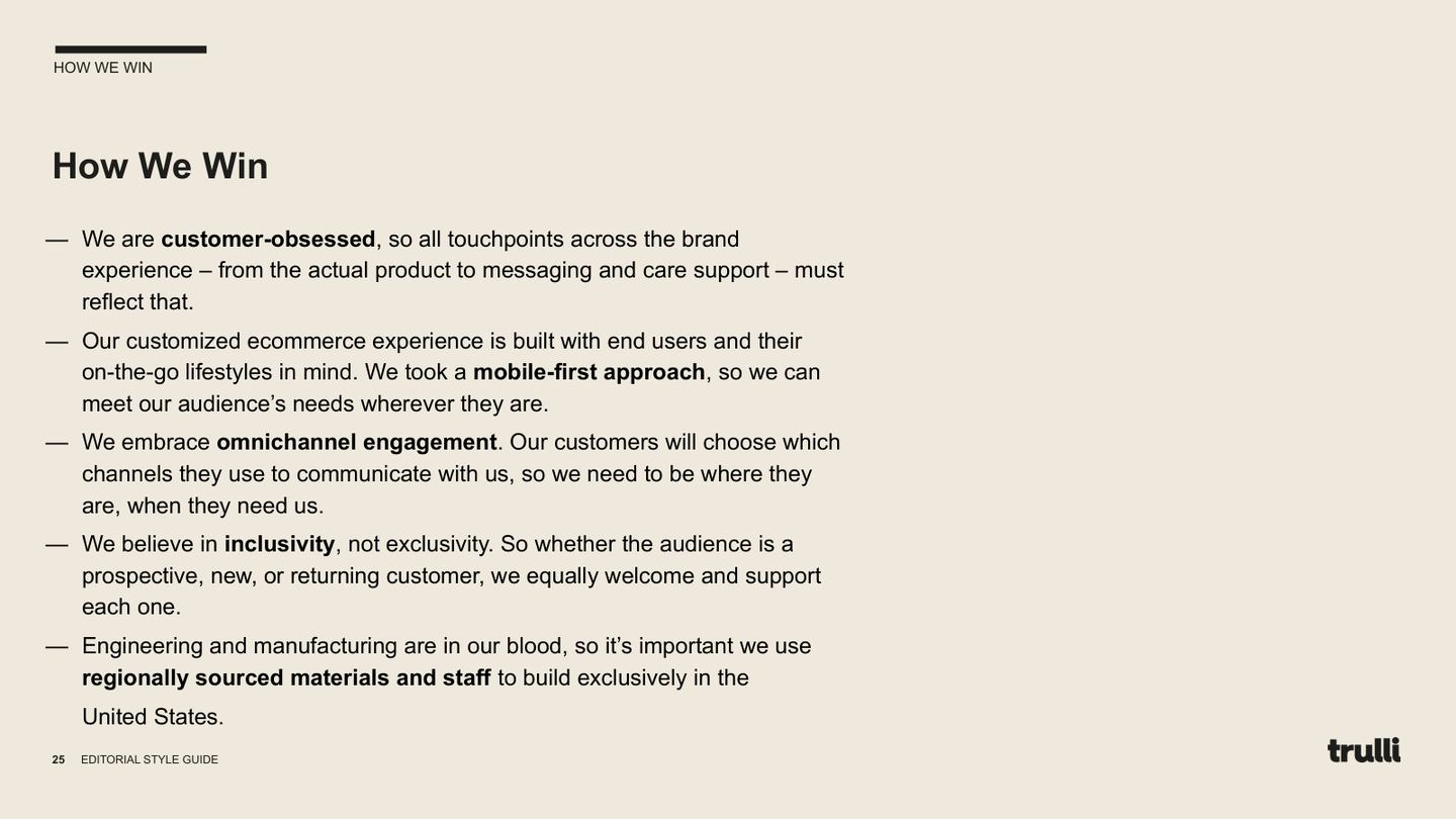 How We Win slide — customer-obsessed, with campaign photography of a listener and the speaker.